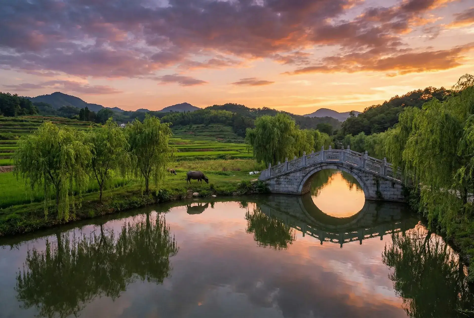 夕阳下的石拱桥与垂柳，水牛在河边吃草 - 《满床春水》台湾电影 乡村美景